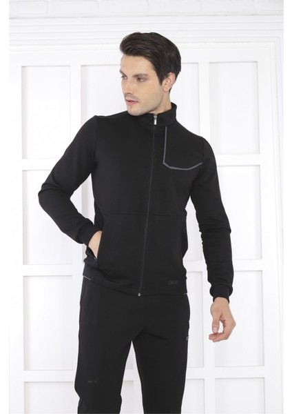 Escetic Erkek Spor Slimfit, Dik Yaka, 4 Cepli, 4 Mevsim Siyah Eşofman Takımı - 6793