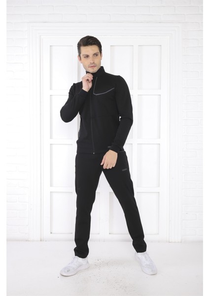 Escetic Erkek Spor Slimfit, Dik Yaka, 4 Cepli, 4 Mevsim Siyah Eşofman Takımı - 6793