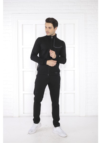 Escetic Erkek Spor Slimfit, Dik Yaka, 4 Cepli, 4 Mevsim Siyah Eşofman Takımı - 6793
