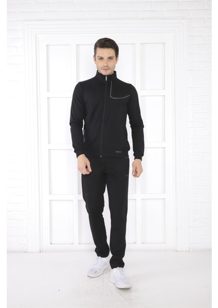 Escetic Erkek Spor Slimfit, Dik Yaka, 4 Cepli, 4 Mevsim Siyah Eşofman Takımı - 6793