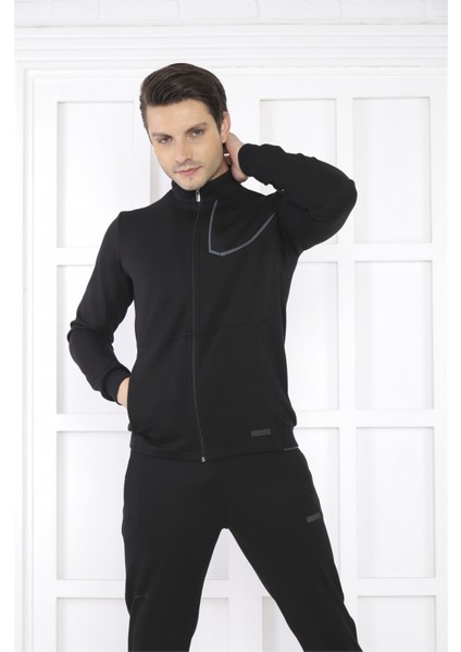 Escetic Erkek Spor Slimfit, Dik Yaka, 4 Cepli, 4 Mevsim Siyah Eşofman Takımı - 6793