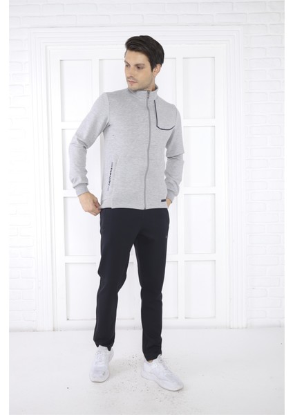 Escetic Erkek Spor Slimfit, Dik Yaka, 4 Cepli, 4 Mevsim Gri Eşofman Takımı - 6793