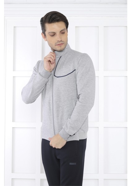 Escetic Erkek Spor Slimfit, Dik Yaka, 4 Cepli, 4 Mevsim Gri Eşofman Takımı - 6793