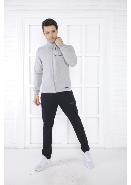 Escetic Erkek Spor Slimfit, Dik Yaka, 4 Cepli, 4 Mevsim Gri Eşofman Takımı - 6793
