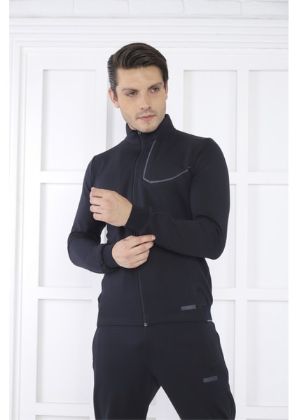 Escetic Erkek Spor Slimfit, Dik Yaka, 4 Cepli, 4 Mevsim Lacivert Eşofman Takımı - 6793