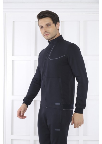Escetic Erkek Spor Slimfit, Dik Yaka, 4 Cepli, 4 Mevsim Lacivert Eşofman Takımı - 6793