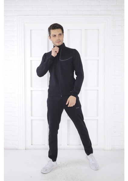 Escetic Erkek Spor Slimfit, Dik Yaka, 4 Cepli, 4 Mevsim Lacivert Eşofman Takımı - 6793