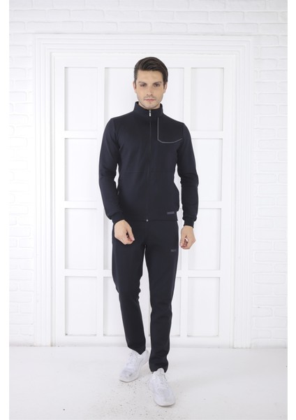 Escetic Erkek Spor Slimfit, Dik Yaka, 4 Cepli, 4 Mevsim Lacivert Eşofman Takımı - 6793