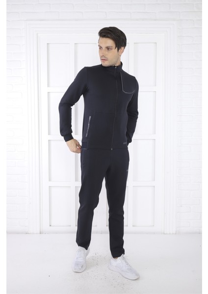 Escetic Erkek Spor Slimfit, Dik Yaka, 4 Cepli, 4 Mevsim Lacivert Eşofman Takımı - 6793