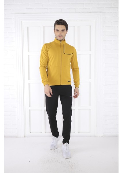 Escetic Erkek Spor Slimfit, Dik Yaka, 4 Cepli, 4 Mevsim Hardal Eşofman Takımı - 6793