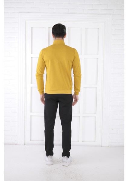 Escetic Erkek Spor Slimfit, Dik Yaka, 4 Cepli, 4 Mevsim Hardal Eşofman Takımı - 6793