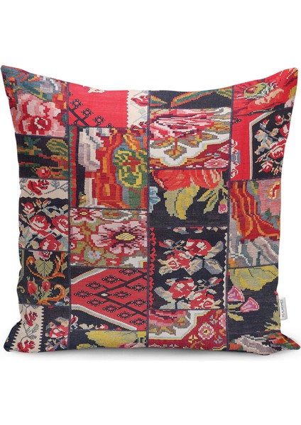Siyah - Kırmızı Zeminde Patchwork Motifli Kanaviçe Desenli Dijital Baskılı Yastık Kırlent Kılıfı