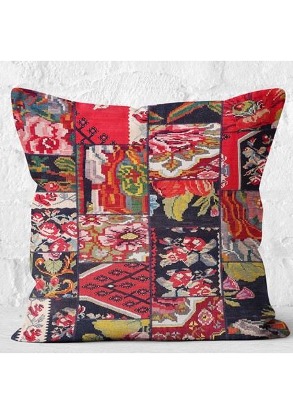 Siyah - Kırmızı Zeminde Patchwork Motifli Kanaviçe Desenli Dijital Baskılı Yastık Kırlent Kılıfı modelleri