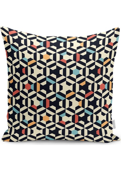 Krem - Kırmızı Zeminde Geometrik Motifli Art Deco Desenli Dijital Baskılı Yastık Kırlent Kılıfı