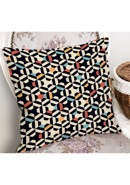 Krem - Kırmızı Zeminde Geometrik Motifli Art Deco Desenli Dijital Baskılı Yastık Kırlent Kılıfı fiyatları