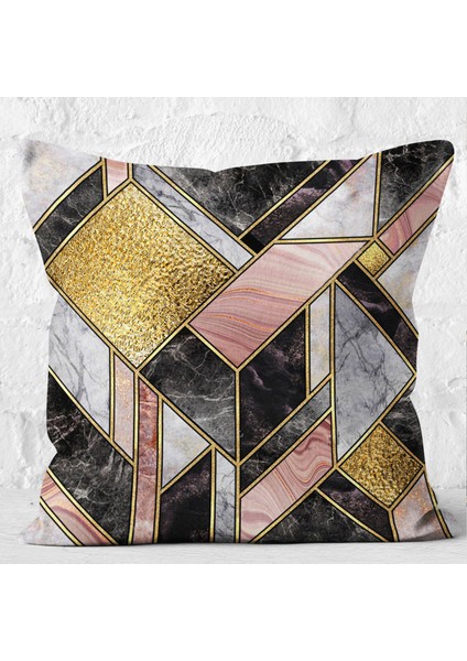 Siyah - Gold Zeminde Modern Motifli Mermer Desenli Dijital Baskılı Yastık Kırlent Kılıfı modelleri