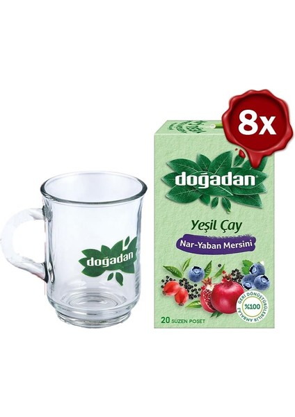 Yeşil Çay Nar Yaban Mersini 20'li Paket x 8 ve Doğadan Cam Bardak