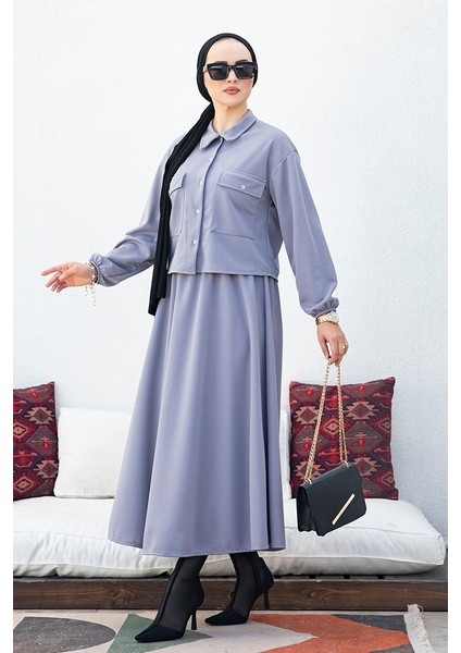 Delfin Kapak Cepli Düğmeli Ceket Etek Takım 392 - Gri