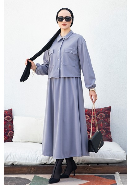 Delfin Kapak Cepli Düğmeli Ceket Etek Takım 392 - Gri modelleri