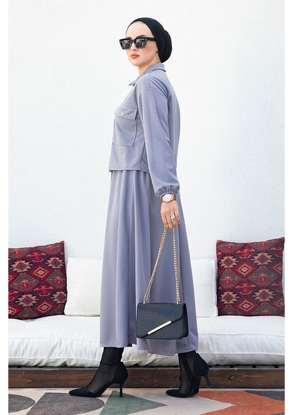 Delfin Kapak Cepli Düğmeli Ceket Etek Takım 392 - Gri indirimleri