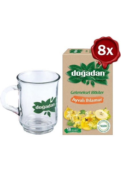 Ayvalı Ihlamur Çay 18'li x 8 ve Doğadan Cam Bardak