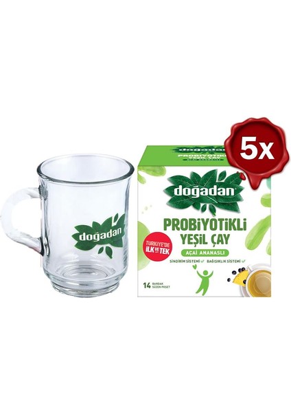 Probiyotikli Yeşil Çay Açai Ananaslı 14'lü x 5 ve Doğadan Cam Bardak
