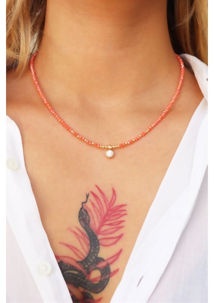 Turuncu Kristal Taşlı Kolye