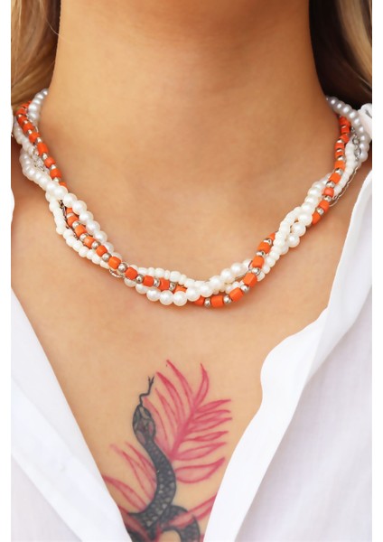 Incili Turuncu Sarmal Tasarım Kolye fiyatları