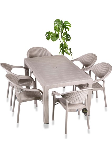 Rattan Camsız 90X150 Masa ve 6 Adet Bambu Sandalyeli Masa Takımı-Bahçe Balkon Teras Raddan Masa Seti