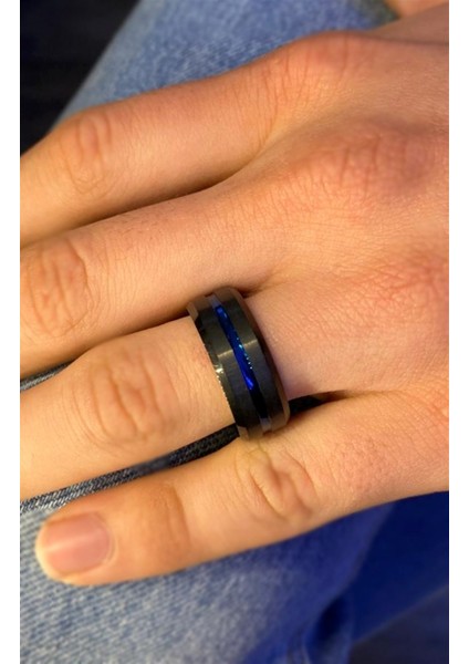 Erkek Tungsten Mavi Renk Detay Yüzük