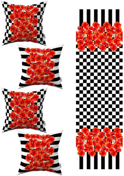 Kırmızı Siyah Kareli Çizgili Çiçek Desenli 4lü Kırlent Kılıfı 1 Runner Seti 4KMBS260-RS