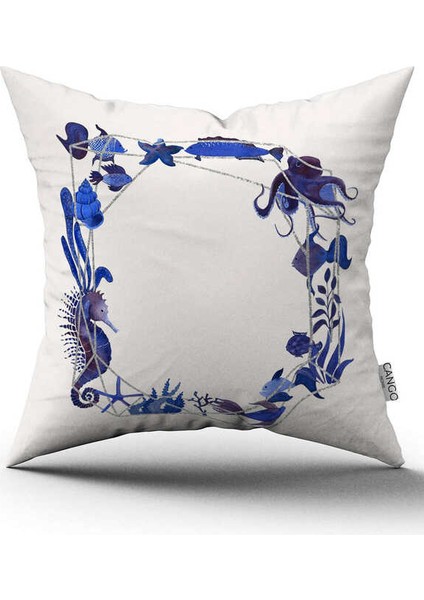 Çift Taraflı Beyaz Mavi Marin Desenli Dijital Baskılı Kırlent Kılıfı CGH1124