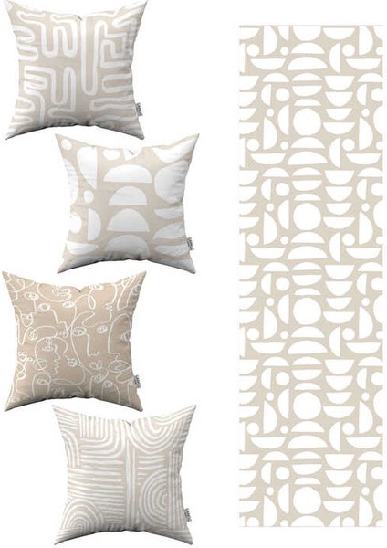 Krem Beyaz Bohem Iskandinav Geometrik Desenli 4lü Kırlent Kılıfı 1 Runner Seti 4KMBS291-RS