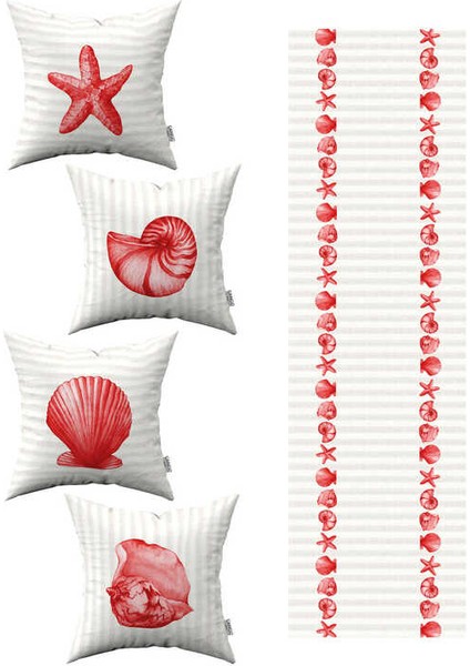 Kırmızı Krem Çizgili Marin Desenli 4lü Kırlent Kılıfı 1 Runner Seti 4KMBS297-RS