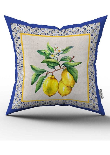 Çift Taraflı Mavi Sarı Dekoratif Limon Desenli Dijital Baskılı Kırlent Kılıfı CGH1050