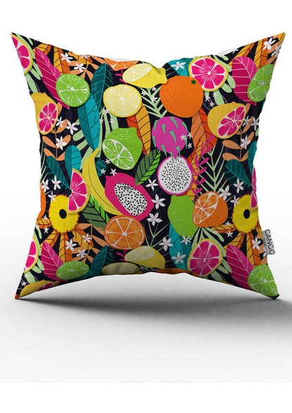 Çift Taraflı Sarı Çok Renkli Meyve Desenli Dijital Baskılı Kırlent Kılıfı CGH1101