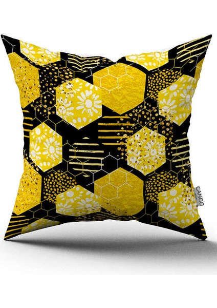 Çift Taraflı Sarı Siyah Petek Papatya Desenli Dijital Baskılı Kırlent Kılıfı CGH1192