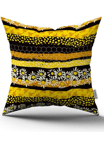 Çift Taraflı Sarı Siyah Petek Papatya Desenli Dijital Baskılı Kırlent Kılıfı CGH1193