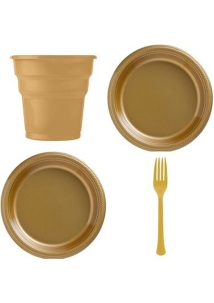 Plastik Tabak Bardak Çatal Seti - Lüx Plastik 25 Kişilik Doğum Günü Set - Gold