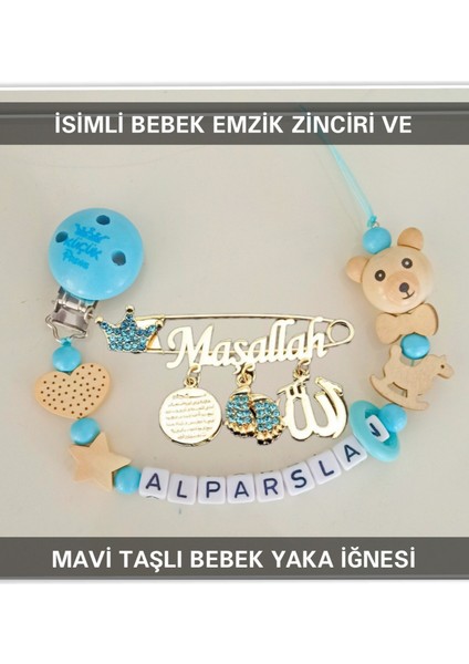 Isimli Bebek Emzik Zinciri ve Beyaz Taşlı Bebek Yaka Iğnesi BEZYI008