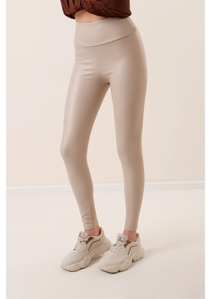 Yüksek Bel Şardonlu Likra Deri Tayt Taş modelleri