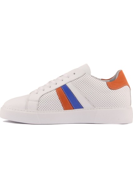 - Beyaz, Turuncu, Mavi Deri Bağcıklı Erkek Sneaker