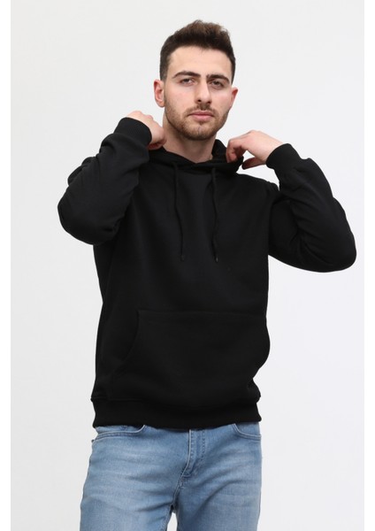 Siyah Üç Iplik Ünisex Kapüşonlu Sweatshirt