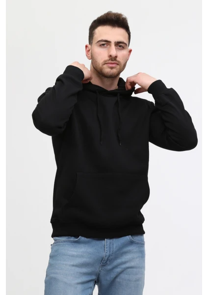 Siyah Üç Iplik Ünisex Kapüşonlu Sweatshirt