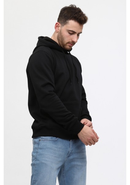 Siyah Üç Iplik Ünisex Kapüşonlu Sweatshirt