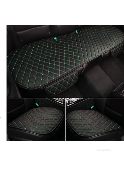 3 Lü Oturak Araç Minderi Deri (Siyah Deri Yeşil Nakış)