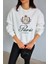 Kadın Beyaz Bisiklet Yaka Kabartma Baskılı Içi Polarlı Örme Sweatshirt 1