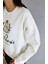 Kadın Beyaz Bisiklet Yaka Kabartma Baskılı Içi Polarlı Örme Sweatshirt 2