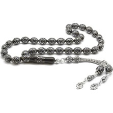 Okyanus Silver 925 Ayar Gümüş Püsküllü Gümüş-Firuze Işlemeli Arpa Kesim Erzurum Oltu Tesbih(M1)