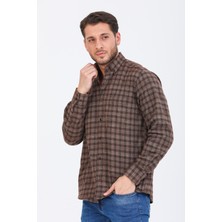 Varetta Erkek Kestane Rengi Uzun Kol Kareli Cepli Yaka Düğmeli Kışlık Gömlek